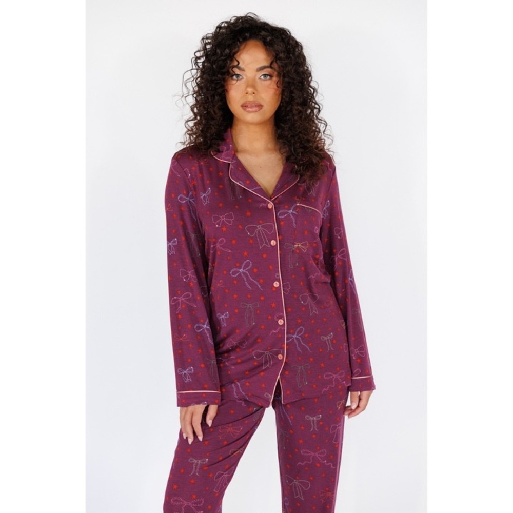 In My Sundays Twinkling Bow Long Sleeve Pajama Set Purple XL New With Tags
